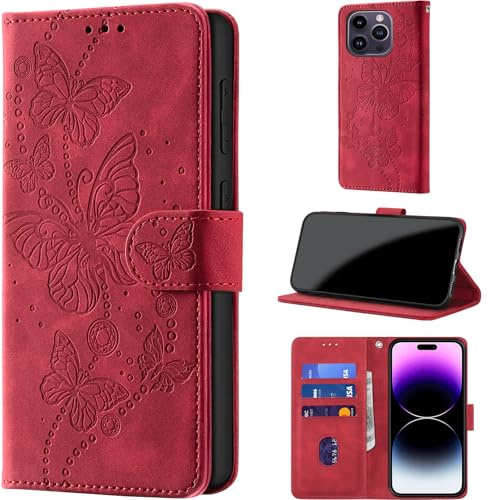 for iPhone 14 Pro Max Wallet Case Flip, Red | RFID Blocking, 3 Card Holder Stand, Shockproof TPU Shell, PU Leather Magnetic Closure