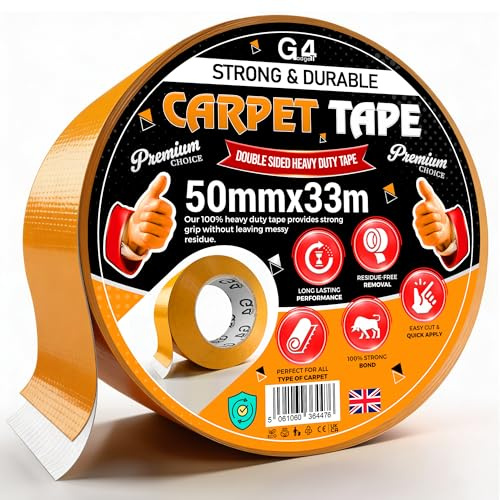 G4GADGET Double Sided Carpet Tape Heavy Duty 50mm x 33m Extra Strong Rug Tape for Carpet, Area Rugs & Stair Treads – Residue Free, Easy Install, Works on Wood, Tile, Vinyl, Laminate & Carpet