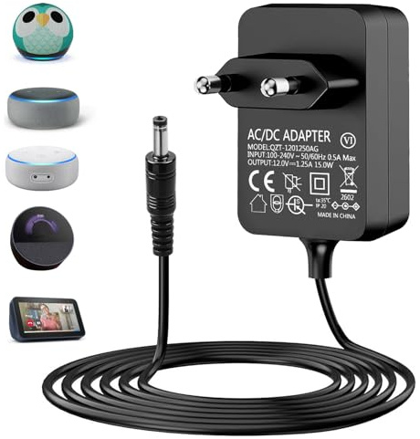 Cargador Adaptador 15W para Echo Dot (3ª/4ª/5ª Gen), Echo Show(1ª/2ª Gen), Echo Pop/Echo Spot/Dot Kids Edition/Fire TV Cube, Adaptador Fuente Alimentación, 1.5M 12V/1.25A Fuente de Alimentación