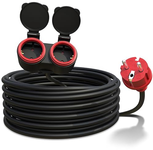 Poppstar Verlängerungskabel Outdoor 10m (Schuko Doppelsteckdose 2-Fach, IP44, 16A/3680W, H05RR-F 3G1.5), schwarz/rot
