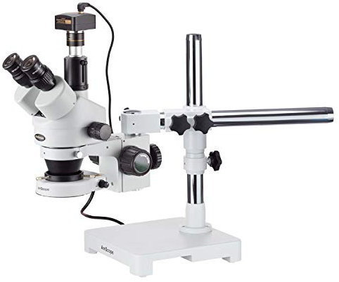 AmScope SM-3TY-80S-3M Trinokulares 80-LED-Zoom Stereomikroskop am Boom Ständer mit 3MP USB-Kamera, 7X-90X, Weiß