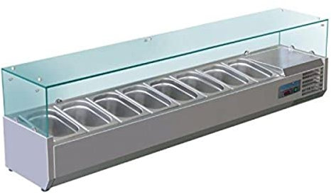 Polar Refrigeration G-Series 150W Countertop Food Prep Fridge with Built-In Glass Surround, Stainless Steel, 2°C to 8°C, 435(H)x1800(W)x330(D)mm, Capacity: 8x 1/4 GN Pans (Sold Separately) | G610