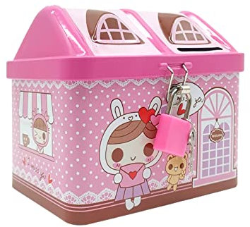 EQLEF Money Box, Pink House Shape Coin Bank with Toy Lock, Girls' Birthday Gift