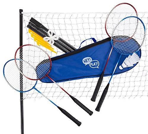 Badminton Set - Backyard Games Include 4 Badminton Rackets, 3 Birdies, Regulation-Size Net with Pole Stakes and Carry Bag - Outdoor Sports by Hey Play
