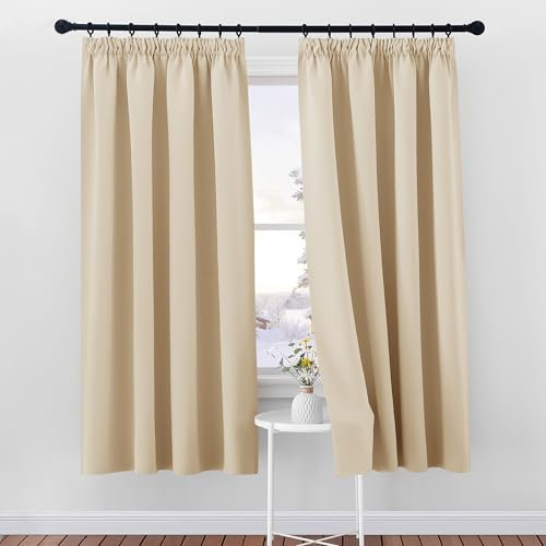 PONY DANCE Wohnzimmer Gardinen mit Kräuselband Kurz 2er Set H 175 x B 140 cm Biscotti Beige, Verdunklungsgardine für Schienen Schlafzimmer Vorhänge Wärmeisolierend Thermal Curtains