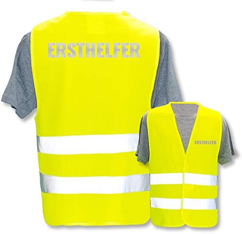 Bedruckte Warnwesten mit ISO-Leuchtstreifen * Standard- oder Reflex-Druck * Erste Hilfe und Brandschutz * Begriff: Ersthelfer (Reflektierend) * Farbe (Größe): Gelb (XL/XXL)