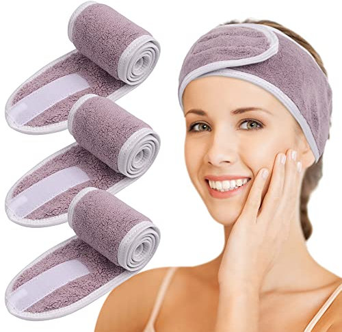 KinHwa Kosmetik Stirnband Frottee,Kosmetik Mikrofaser Haarband, Haarschutzband mit Klettverschluss für kosmetische Behandlungen, Haarschutz bei Schminken, Sport, Yoga, waschbar (3 pack, purple)