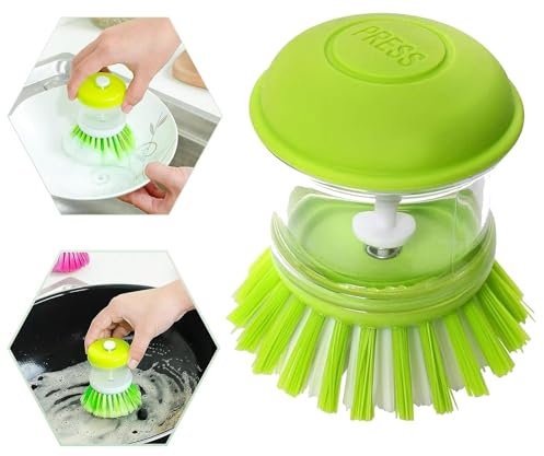 Soap Dispensing Palm Scrubber Brush with Built In Soap Storage Green Kitchen Washing Up Tool for Dish Pot Pan Sink Cleaning Non Scratch Eco Friendly Washing Brush
