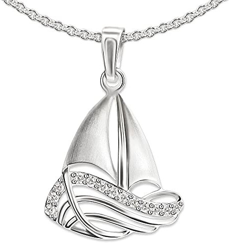 Clever Schmuck Set of Silver Pendant Sailing Boat Necklace, 14 mm Shiny with Many Zirconias on the Hull and Pea Chain 45 cm Sterling Silver 925