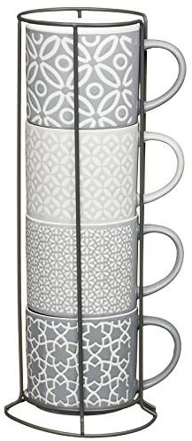 Fiz Geometric Patterns Jumbo Embossed Stacking Mugs Rack Hold & Geometric Embossed Stacking Bowls 4 Pack.