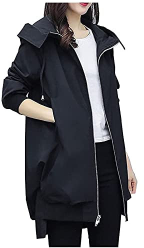 HHMY Veste de pluie pour femme doublée - Veste demi-saison imperméable respirante avec poche à capuche - Veste d'extérieur unie - Coupe-vent - Veste fonctionnelle softshell, Noir , L