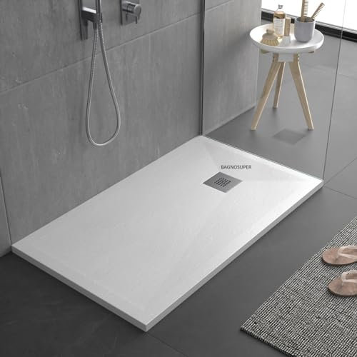Piatto doccia bianco in mineralmarmo alleggerito, slim 3 cm, rivestito di Gelcoat, antiscivolo. 80x80