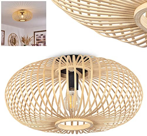 Deckenleuchte Oravi, runde Deckenlampe aus Holz/Metall in Natur/Schwarz, Leuchte in Gitter-Optik mit tollen Lichteffekten an der Decke, Ø 45 cm, 1-flammig, 1 x E27, ohne Leuchtmittel