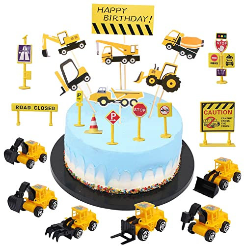 Baustellenfahrzeuge Kuchen Dekoration, 22 Stück Baufahrzeug Cupcake Topper, Bagger Tortendeko, Baustellenfahrzeug Kinder, Verkehrsschilder Spielzeug, für Kinder Geburtstag Party Dekoration