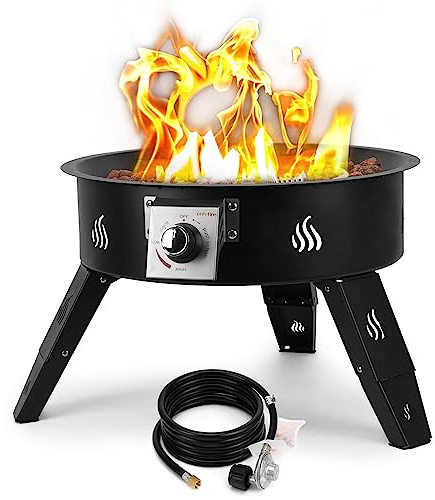 Onlyfire 48.3 cm Outdoor Propangaskamin Höhenverstellbar Gas Feuerschale mit Lavasteinen, Tragbarer Rauchfreier Gaskamin für Outdoor Camping Feuerstelle Terrasse