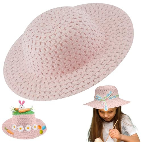Springtime Easter Straw Bonnet Hat, Pink Hat Art and Craft, Easter Egg Hunt Bonnet Summer Hat Base to Decorate DIY Easter Hat for Easter Event Parties, Novelty Costume, Size – 52cm