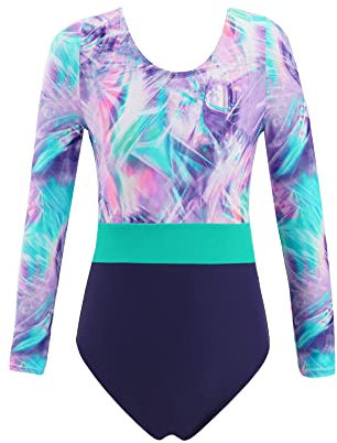 iEFiEL Mädchen Turnanzug Langarm Leotard Gymnastik Trikot Einhörner Muster Klassisch Gymnastikanzug für Kinder mit Kreuzen Rückchen Lila + Grün 146-152