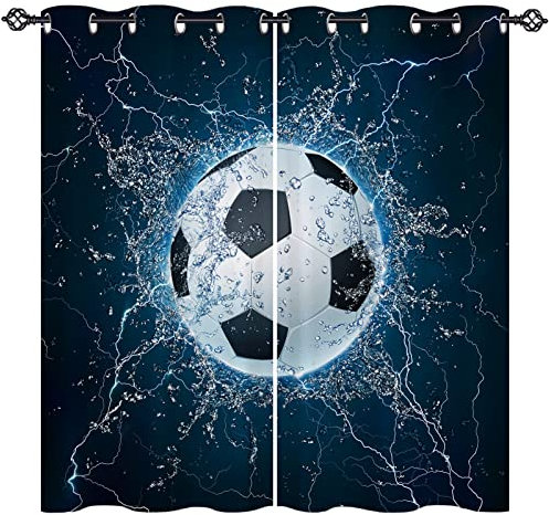 ANHOPE Football Curtains Eyelet Ring Top Thermal Insulated 80% Blackout Curtains with Sports Theme Ball Soccer Print Pattern Window Drapes for Kids Boys Bedroom Living Room 46 x 54 Inch Drop 2 Panels