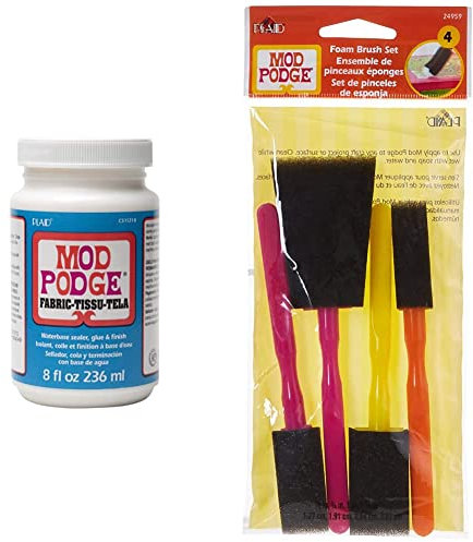 Mod Podge CS11218 8 oz Fabric Embellishment & Mod Podge Foam Brush Set x4, Yellow, Orange, Pink