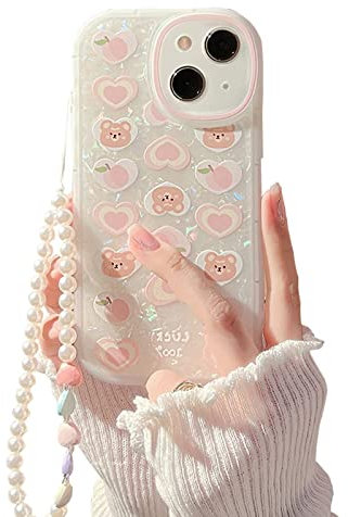 Ownest Compatible with iPhone 13 Mini Case, Aesthetics Phone Case with Bear Love Heart Pattern for Girls Womens,Camera Protective Cute Phone Case for iPhone 13 Mini + Pearl Chain