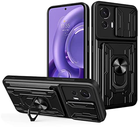COMAKU Ultra Panzerhülle für Motorola Moto G53/Moto G23/Moto G13, TPU+PC StoßFest Hülle mit Slide Camera Cover Kameraschutz mit Kartensteckplatz Ring Ständer Handyhülle - Schwarz