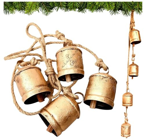 Campanelle decorative rustiche a forma di mucca, 4 campane natalizie, stile shabby chic, vintage, in ottone, rivestite in ottone, corda di iuta da appendere (4 pezzi, grappolo da 10 cm)