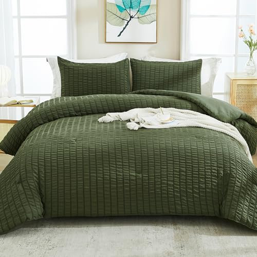 AveLom Set completo di biancheria da letto in tessuto seersucker verde oliva scuro (203,2 x 228,6 cm), 3 pezzi, 100% morbida microfibra lavata, leggero, con 2 federe, set di biancheria da letto