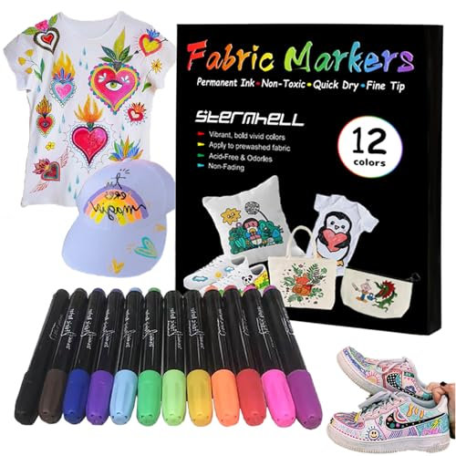 Sternhell Bolígrafos textiles, 12 colores: marcadores de tela lavables a máquina para manualidades en camisetas, bolsas de tela, zapatos de lona y más