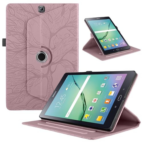 TEDTIKJT Funda para Tabletas Samsung Galaxy Tab S2 9.7 2015 SM-T810/T815 PU Cuero Folio Cover Protectora 360 Giratoria Soporte Carcasa para Samsung Galaxy Tab S2 Funda, Oro Rosa Árboles