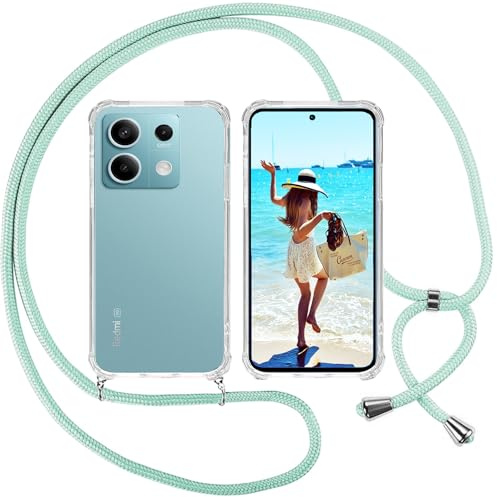 ISOI Funda con Cuerda para Xiaomi Redmi Note 13 5G, Carcasa Transparente TPU Suave Silicona Case con Correa Colgante Ajustable Collar Correa de Cuello Cadena Cordón, Verde