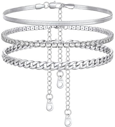 FindChic 3PCS Bracelets de Cheville Femme Chaîne Cheville Cubaine Chaîne Cheville Ronde Argent Acier Inoxydable Longueur 22cm+5cm Bijoux Bracelet de Pied