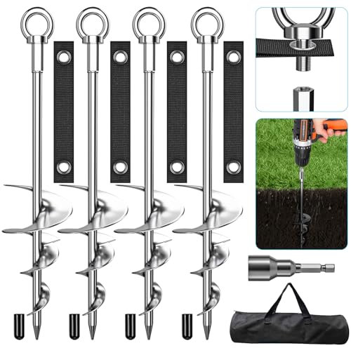 Bodenanker, 45,7 cm, vollständig geschweißt, strapazierfähig, zum Einschrauben, Schaukel-Set, Verchromung, rostfrei, Bodenanker mit Gurten für Hunde, Trampolinpfähle, resistent gegen hohen Wind, 4