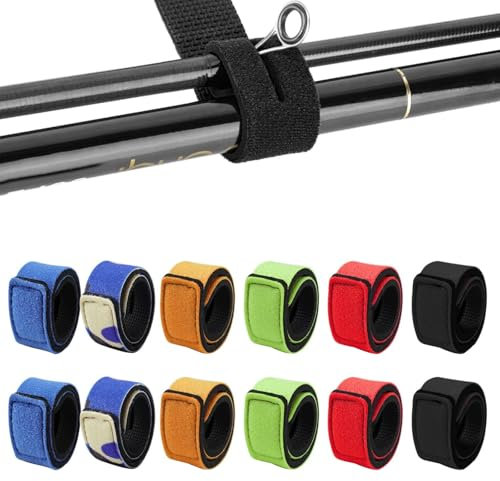 wadafen 12 Stück Angelrute Gürtel,Angelruten Gurte,6 Farben Angelrutenriemen,Angelrute Klettverschluss,Angel Rutenbänder,für Bündel von Angelruten,Badmintonschlägern,Kabelbindern