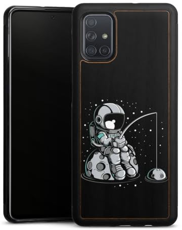 Holz Case kompatibel mit Samsung Galaxy A71 Walnuss Handyhülle Echtholz Hülle Angeln Astronaut Weltall