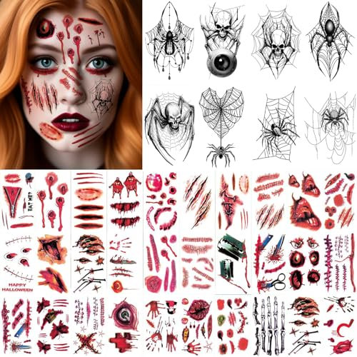 38 Blatt Halloween Tattoos, Realistisch Spinnweben Zombie Vampir Teufel Wunden Narben Tattoo, Halloween Kostüm Damen Herren Gruselig Gesicht Aufkleber, Kinder Erwachsene Horror Kunstblut Sticker