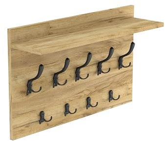 HWS FURNITURE Wandgarderobe mit 9 schwarzem Haken, Wandregal aus Holzdekor Eiche, Wandmontierte Garderobe für Flur, Schlafzimmer, Büro, Loft-Stil