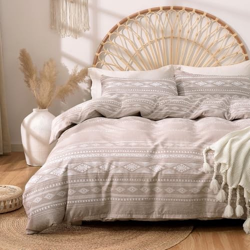 Lekesky Double Duvet Cover Set Brown Bedding, Geometric Stripe Printed Double Duvet Set (1x Duvet Cover, 2x Matching Pillowcase) Soft Microfiber Double Duvet Cover 200x200 cm, Brown