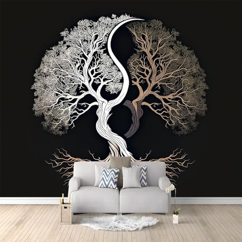Tapete 250 x 175 cm Vliestapete, Yin Yang Lebensbaum Dekor Wasserdicht Wandschutzfolie Schlafzimmer Wohnzimmer Möbelfolie Wandtapete Fototapete Schwarz, inkl Tapezier-Ratgeber
