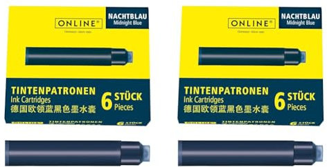 Online Standard Ink cartridges; Universal Fountain Pen Ink; Compatible with All Common Standard Fountain pens; 6 Pieces; Colour Midnight Blue; Frost-Resisting; Non-erasable (Pack of 2)