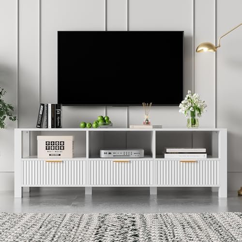 BTM Meuble TV Blanc, Meuble TV de 50cm de Hauteur, Meuble Télé avec 3 Tiroirs et 3 Compartiment, Moderne, Capacité de 60kg, 152.5x39.5x50cm