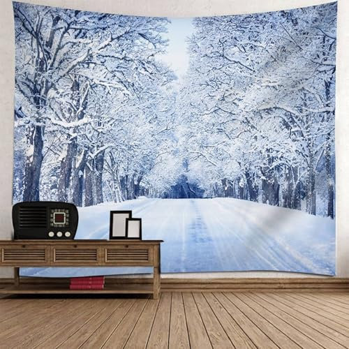 Musihy Wandteppich Wandbehang Tapisserie | Polyester Straße Winter Schnee Baum Szenerie Wanddeko für Schlafzimmer Wohnzimmer Wohnheim | Grau Weiß, 240x220cm