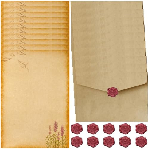 Vintage Briefpapier mit Umschlag Set, Briefpapier Set mit 10 Vintage Papier Umschläge, 16 Vintage A5 Briefpapier und 10 Wachs Siegel Aufkleber, Briefpapier Edel für Hochzeit Einladungskarten (Style D)
