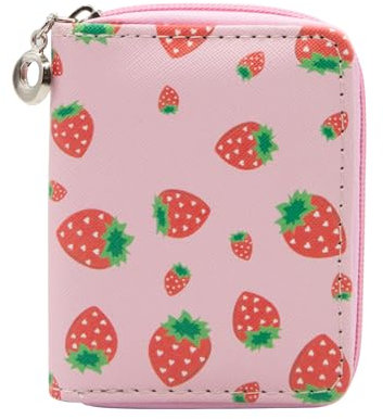 LJCZKA Porta Carte Credito Donna, Fragola Cerniera Portafoglio Carta di Credito, Piccoli Custodia per Carte, Pelle Compatto Fisarmonica Portamonete (Rosa)
