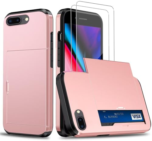 Beajew Handyhülle für iPhone 7 Plus/iPhone 8 Plus Case +2 Stück Schutzfolie, mit Kartenfach Silikon TPU Handyhülle Dünn Weiche Stoßfest Flexibel Handy Tasche Bumper Brieftasche Case, Roségold