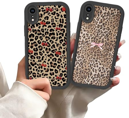 Zrutru 2 Pack Cheetah Print Phone Cases for iPhone XR Case Cherry Bow Leopard,TPU Bumper Shockproof Black Funda for Women Girls Drop Protection Case for iPhone XR 6.1 Inch