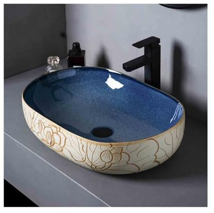 ruyi-1986 Lavandino da appoggio per Bagno Grande lavabo da appoggio for Bagno, Interno, Balcone, in Ceramica Blu con Motivo Floreale Lavabo Bagno