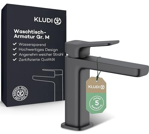 KLUDI-X3 Waschtischarmatur mit Push-Open Ablaufgarnitur, Auslaufhöhe 110 mm, wassersparender Wasserhahn Bad Schwarz Matt Größe M, Keramikkartusche, Mischbatterie Waschbecken inkl. Anschlussschläuche