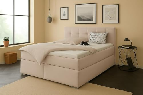 A&J MöbelLand Boxspringbett 200x200 mit Bettkasten und Lattenrost – Tom-OM, Bett mit Stauraum in Beige 2 ohne Matratze