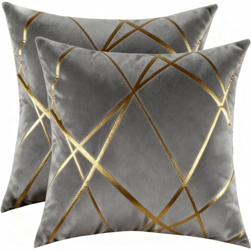 Miuyunya 2er Set Samt Kissenbezug Gold Line Art 40x40 Deko Kissen Wohnzimmer Modern Kissenhülle Grau Sofakissen Kissenbezüge Dekorative Zierkissenbezüge Square für Sofa Schlafzimmer Couch