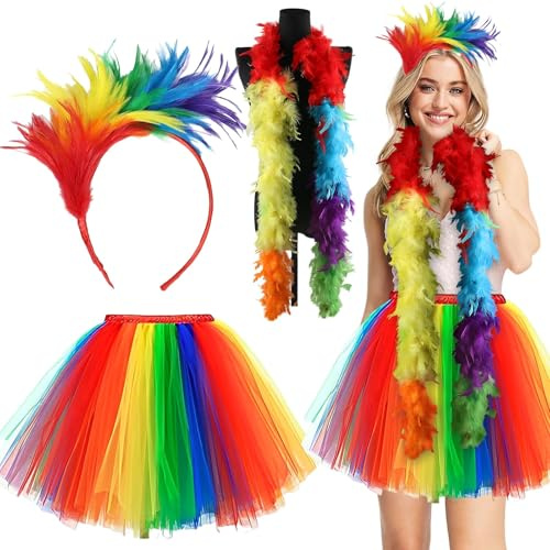 Ycaaeo 3er Kostüm Damen Regenbogen, mit Tüllrock Bunt Damen, Haarreif, Federboa, REgenbogen Kostüm, Regenbogen Tüllrock, Karneval Kostüm DaMen, für Karneval/Themenparty/Bühnenaufführung/Festivalfeier